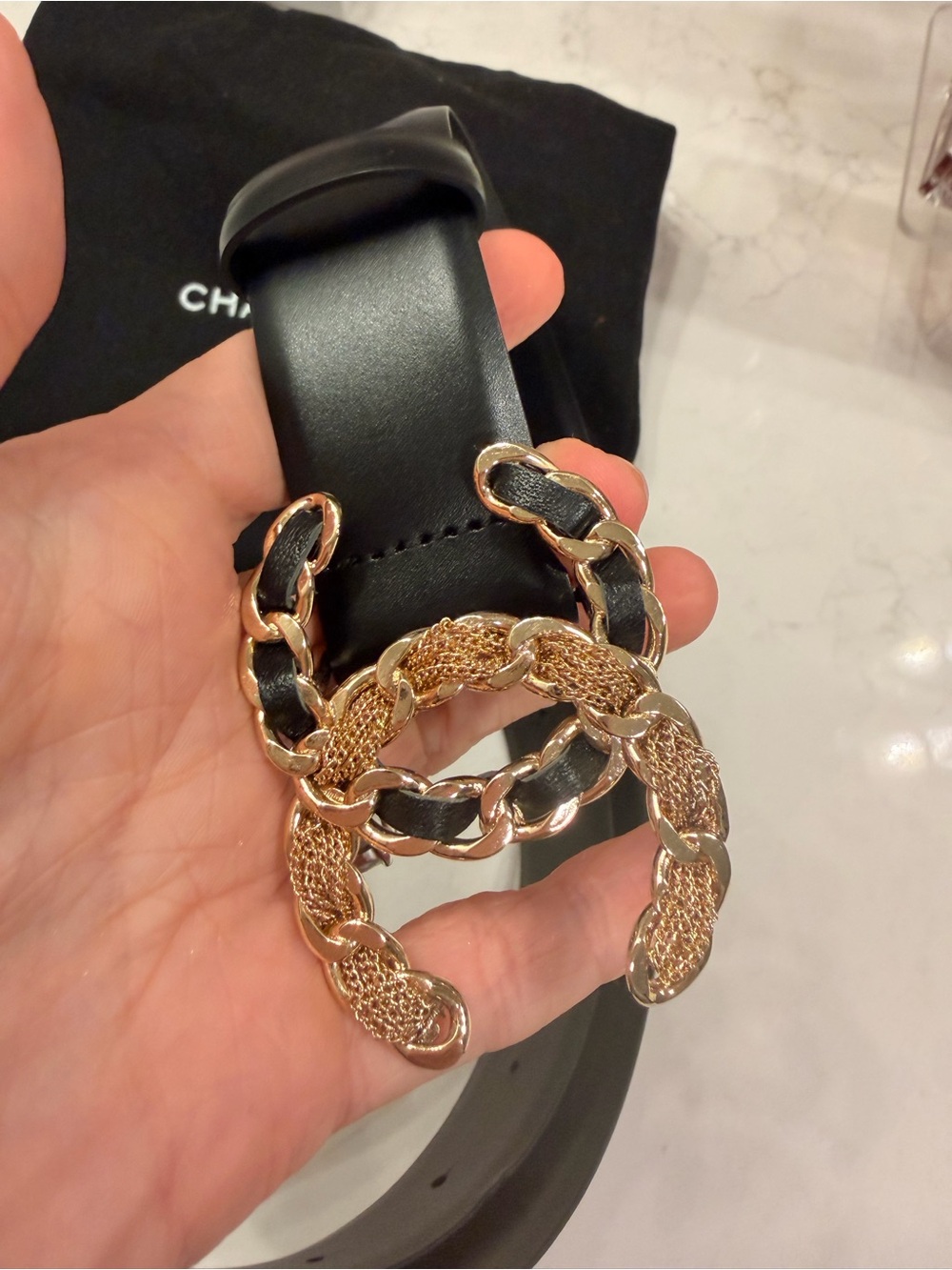 CHANEL Black Leather Belt with Gold Chain CC Buckle - Picture 3 of 7